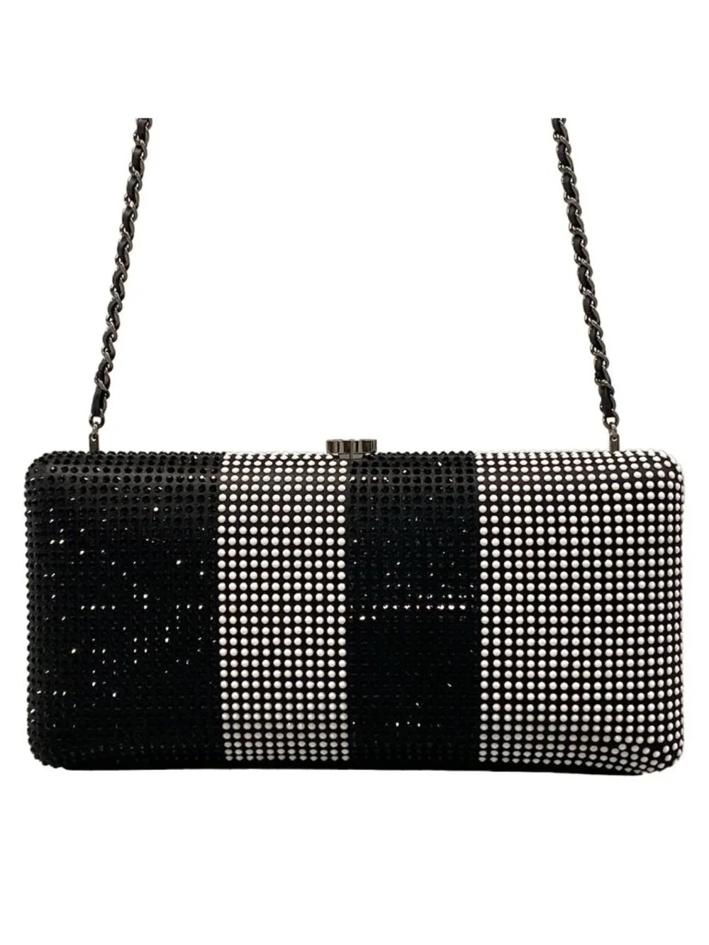 Chanel Shoulder Bag Black White Chain Silver Kiss Lock Strass CC Minadiere